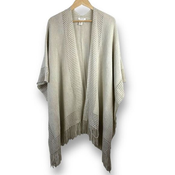 Max Studio Womens Open Front Oversized Wrap Sweater Beige Knit Fringe Lagenlook - Picture 1 of 7